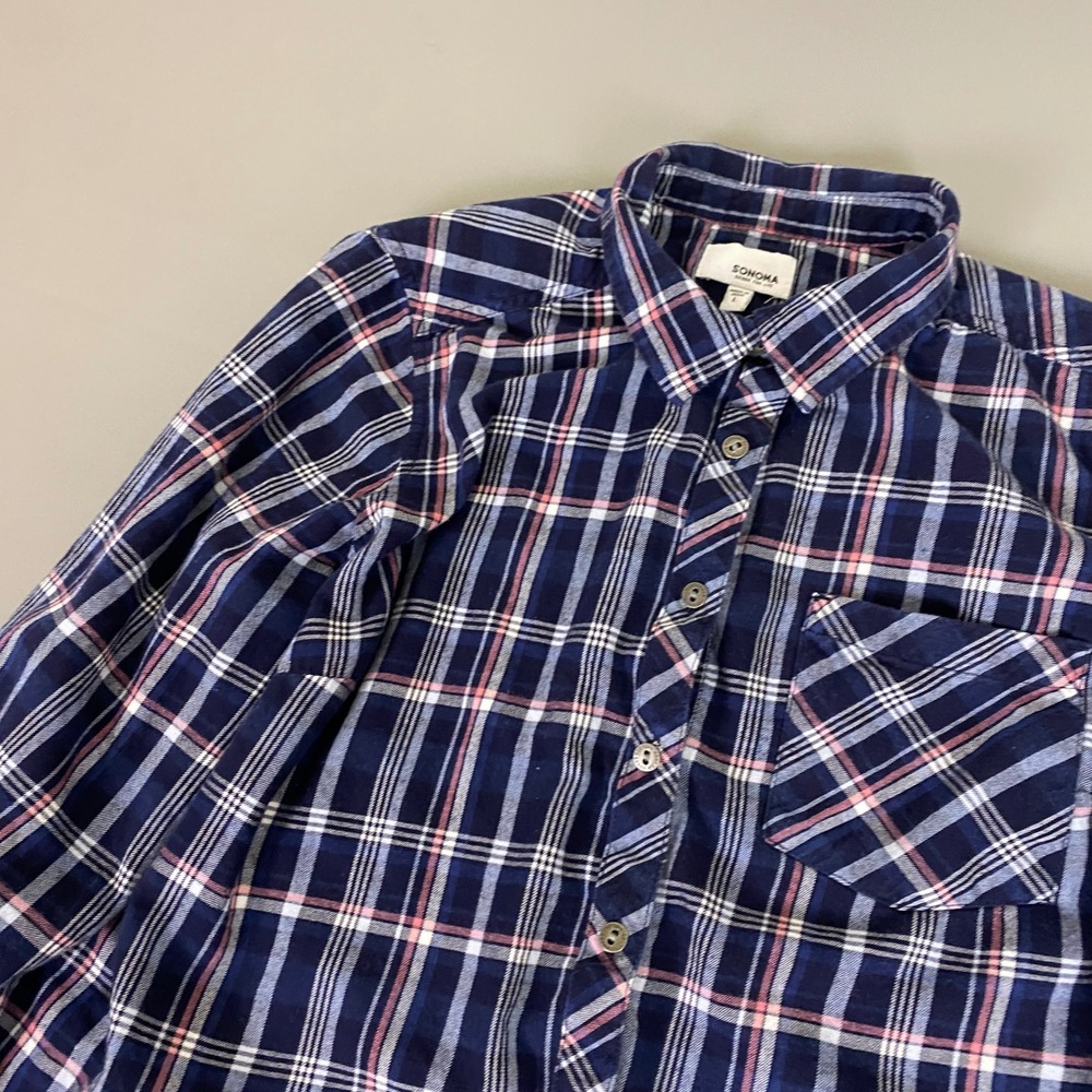 Sonoma Flannel Shirt Women's Size Large‎ Blue Red White Plaid Button Down Shirt - Picture 3 of 9